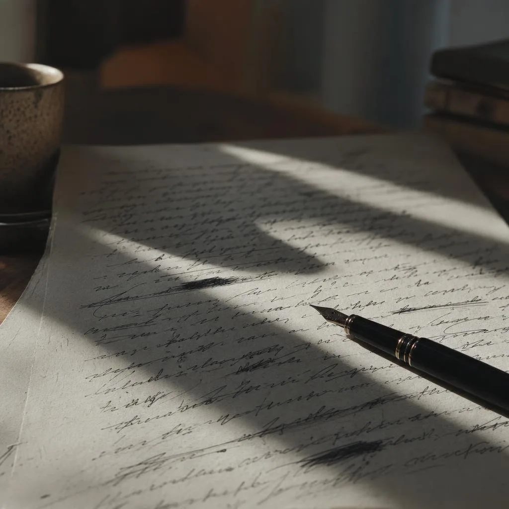 A page of handwritten manuscript with edits and a fountain pen
