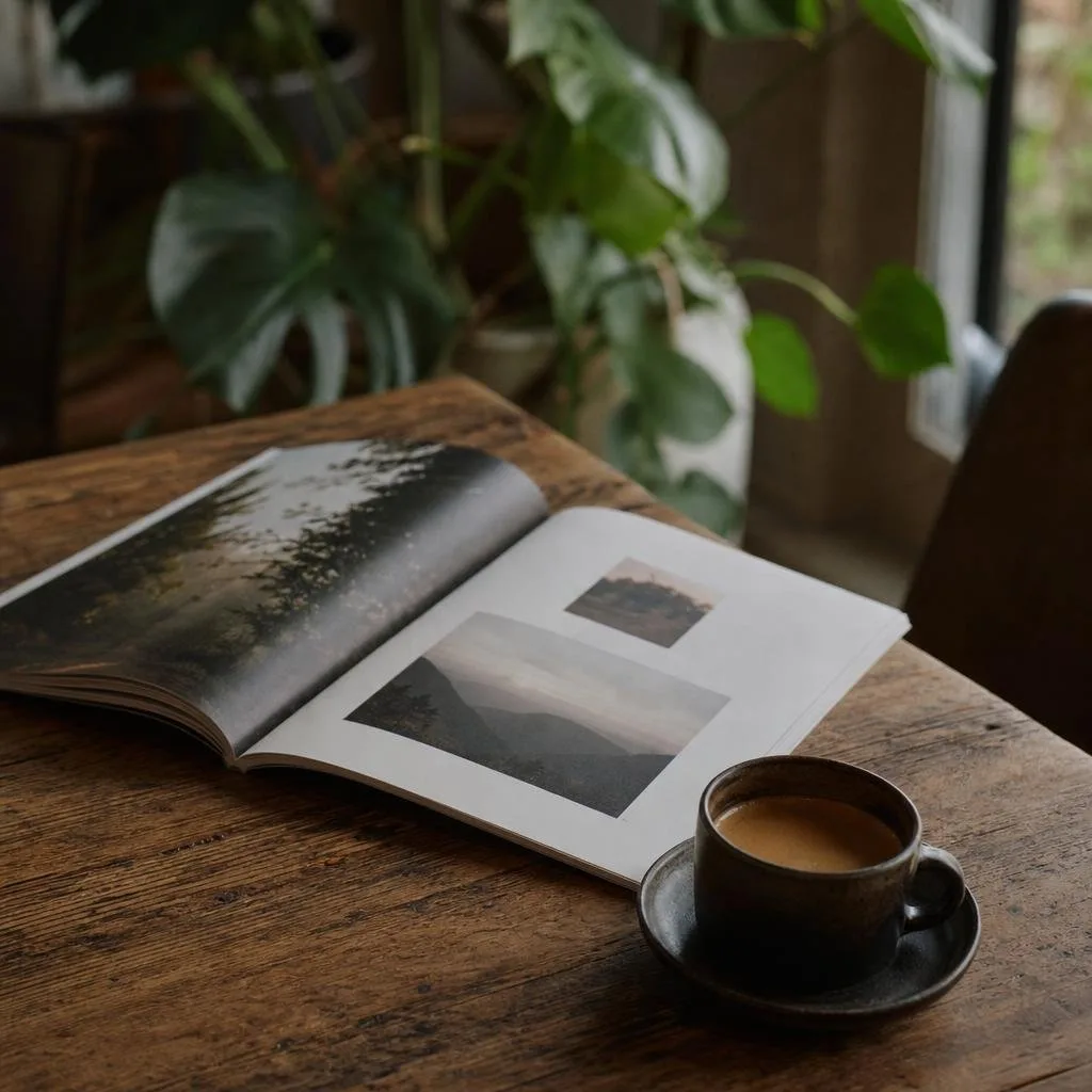An open literary magazine and a cup of coffee on a wooden table