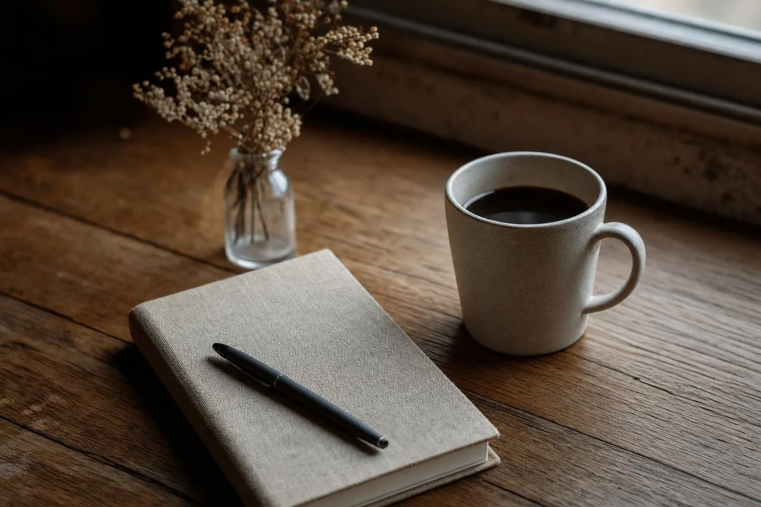 A quiet writing desk by a window in soft morning light