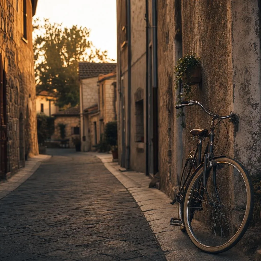 A quiet street at golden hour with a lone bicycle